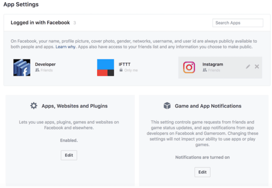 On this page, you can see a list of apps with access to your Facebook profile information.